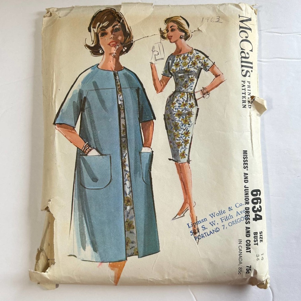 McCalls Vintage 1960's Pattern  #6634 Misses Juniors Dress and Coat‎ Size 14